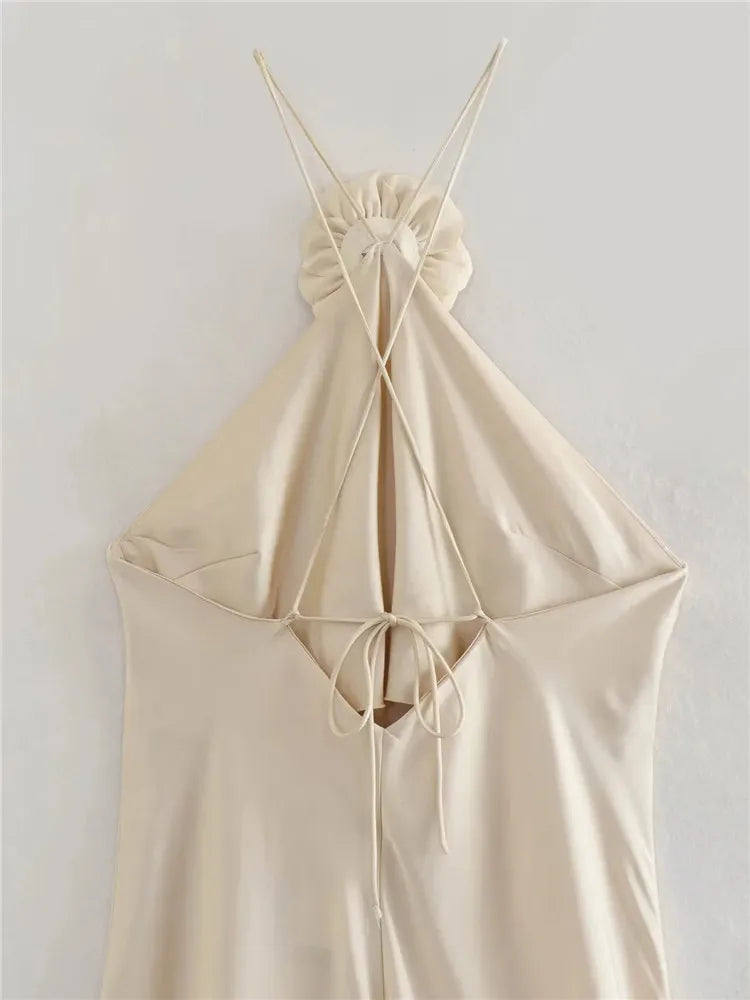 Mirabelle Flower Satin Champagne Maxi Dress