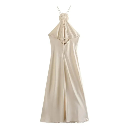 Mirabelle Flower Satin Champagne Maxi Dress