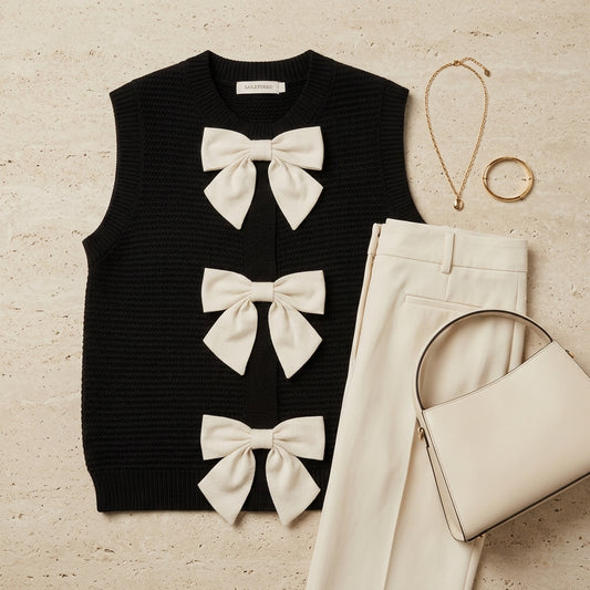 Lucy Contrast Bow Knit Top - Black styled flat lay