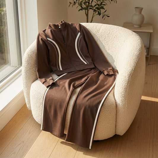 Arabella Side Contrast Loungewear Co-Ord - Brown lifestyle armchair shot