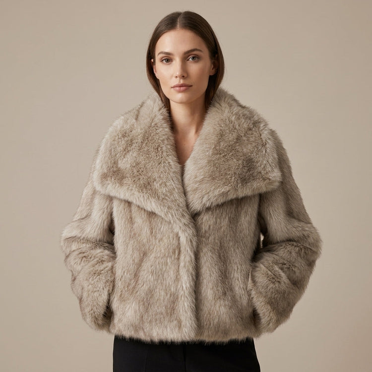 Bella Oversized Faux Fur Jacket in Taupe - Model Fit