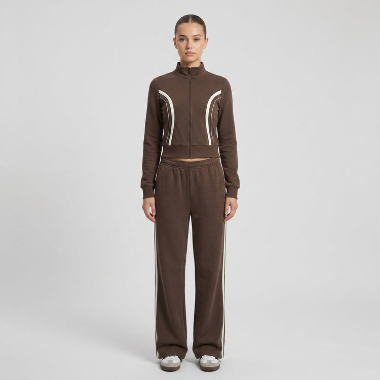 Arabella Side Contrast Loungewear Co-Ord - Brown studio front view