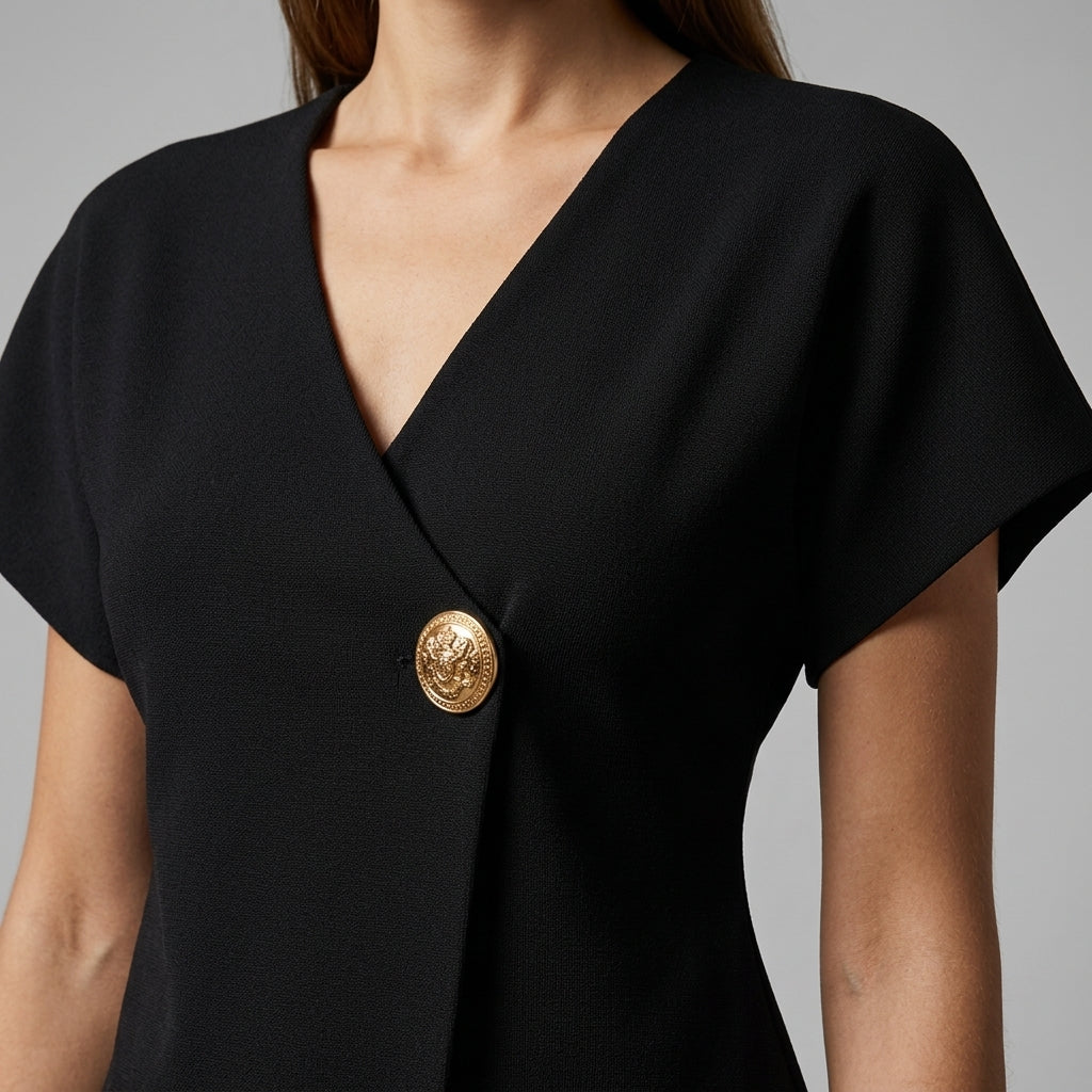 Alessia Asymmetric Knit Black - Gold Button Detail