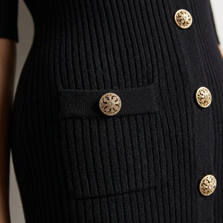Olivia Gold Button Maxi Dress in Black - Close-Up Fabric and Button Detail