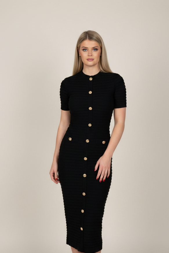 Olivia Gold Button Maxi Dress - Black
