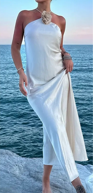 Mirabelle Flower Satin Champagne Maxi Dress