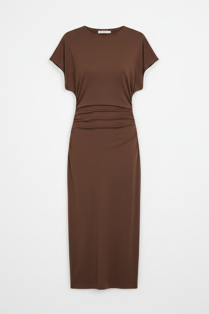 Aurelia Gathered Waist Midi Dress - Brown