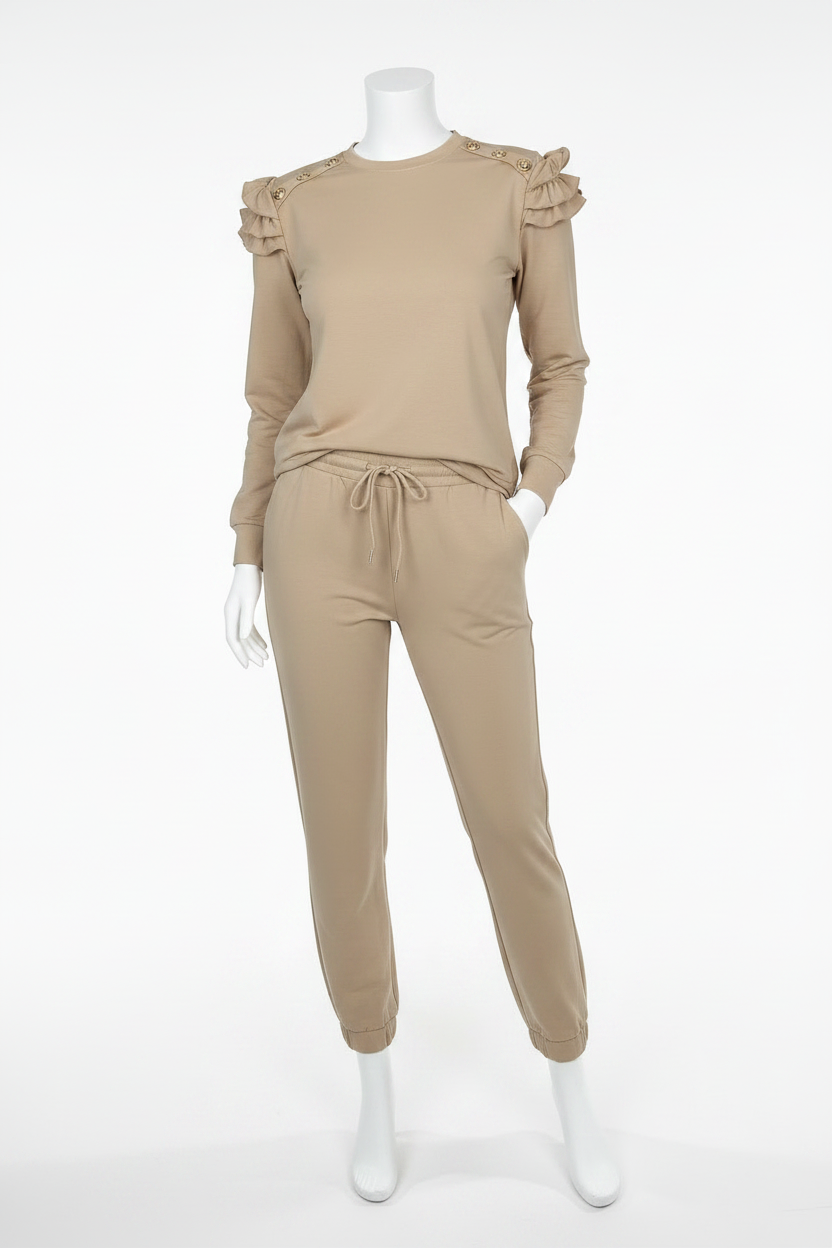 Sofia Gold Button Detail Lounge Co-Ord in Beige