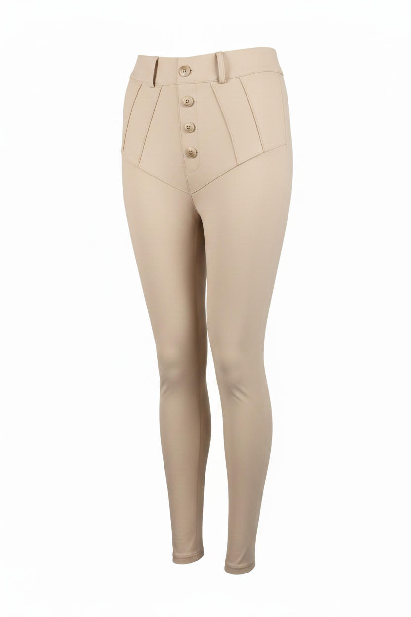 Charlotte Gold Button High-Waisted PU Leggings in Beige