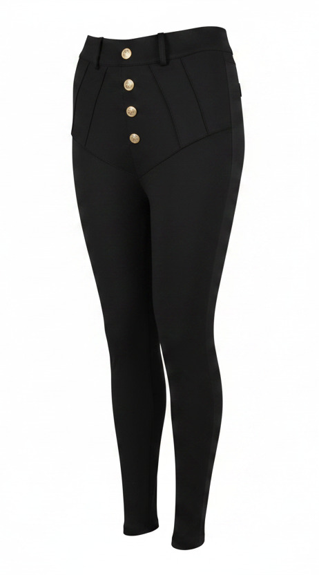 Charlotte Gold Button High-Waisted PU Leggings in Black