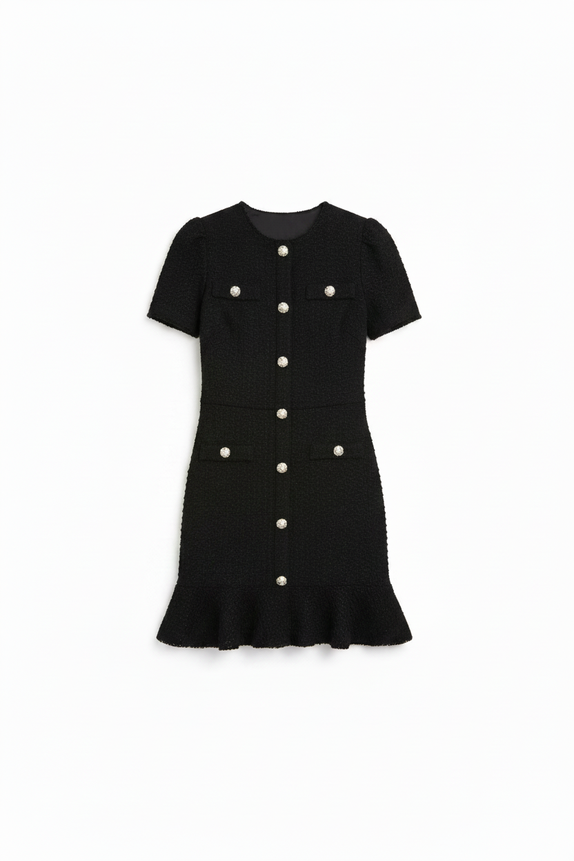 Harper Textured Gold Button Mini Dress in Black