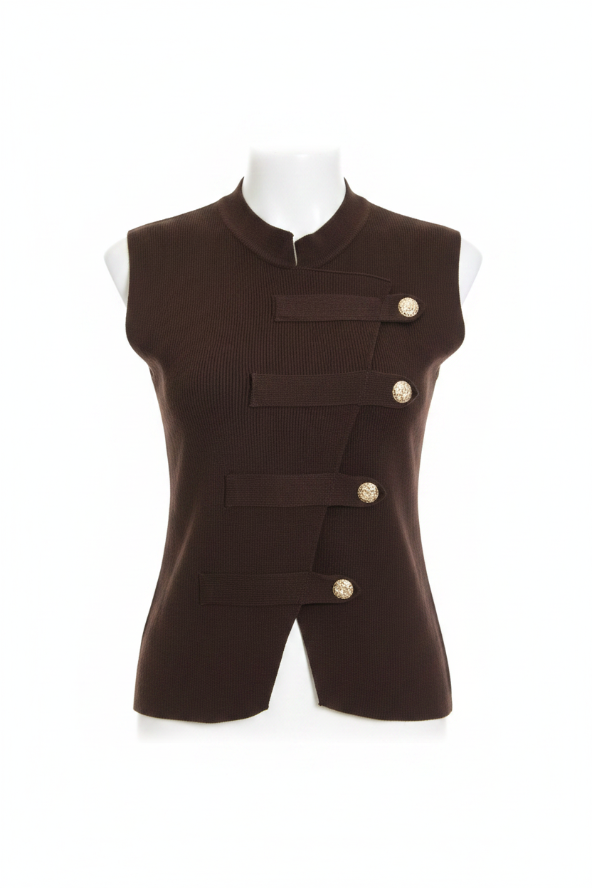 Elara Asymmetric Knit Vest Top in Chocolate Brown with Gold Buttons