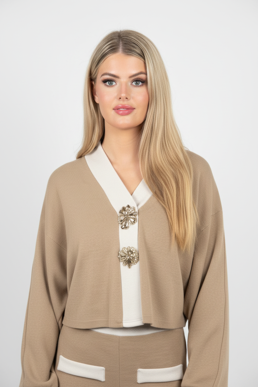 Emilia Lurex Co-Ord in Taupe - Cardigan & Button Detail
