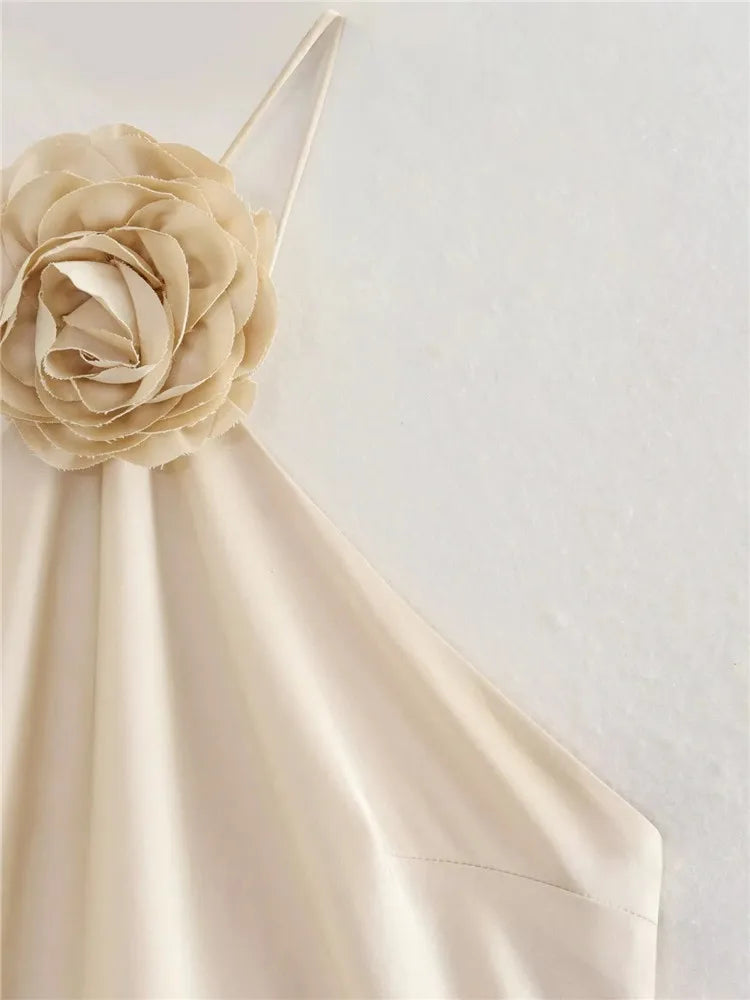 Mirabelle Flower Satin Champagne Maxi Dress