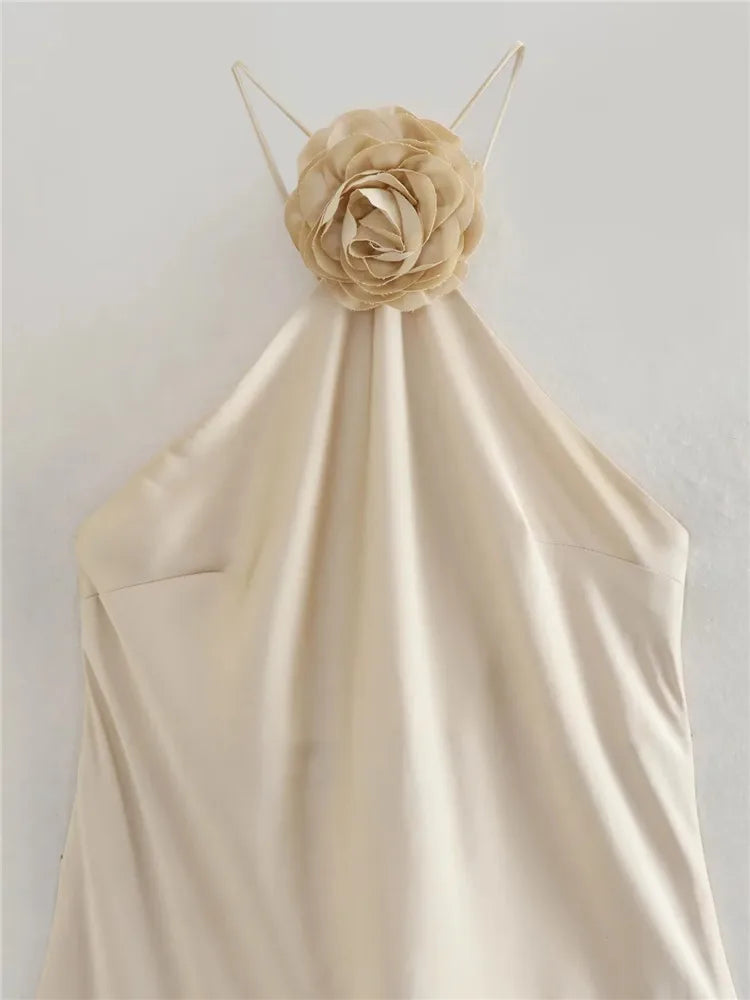 Mirabelle Flower Satin Champagne Maxi Dress
