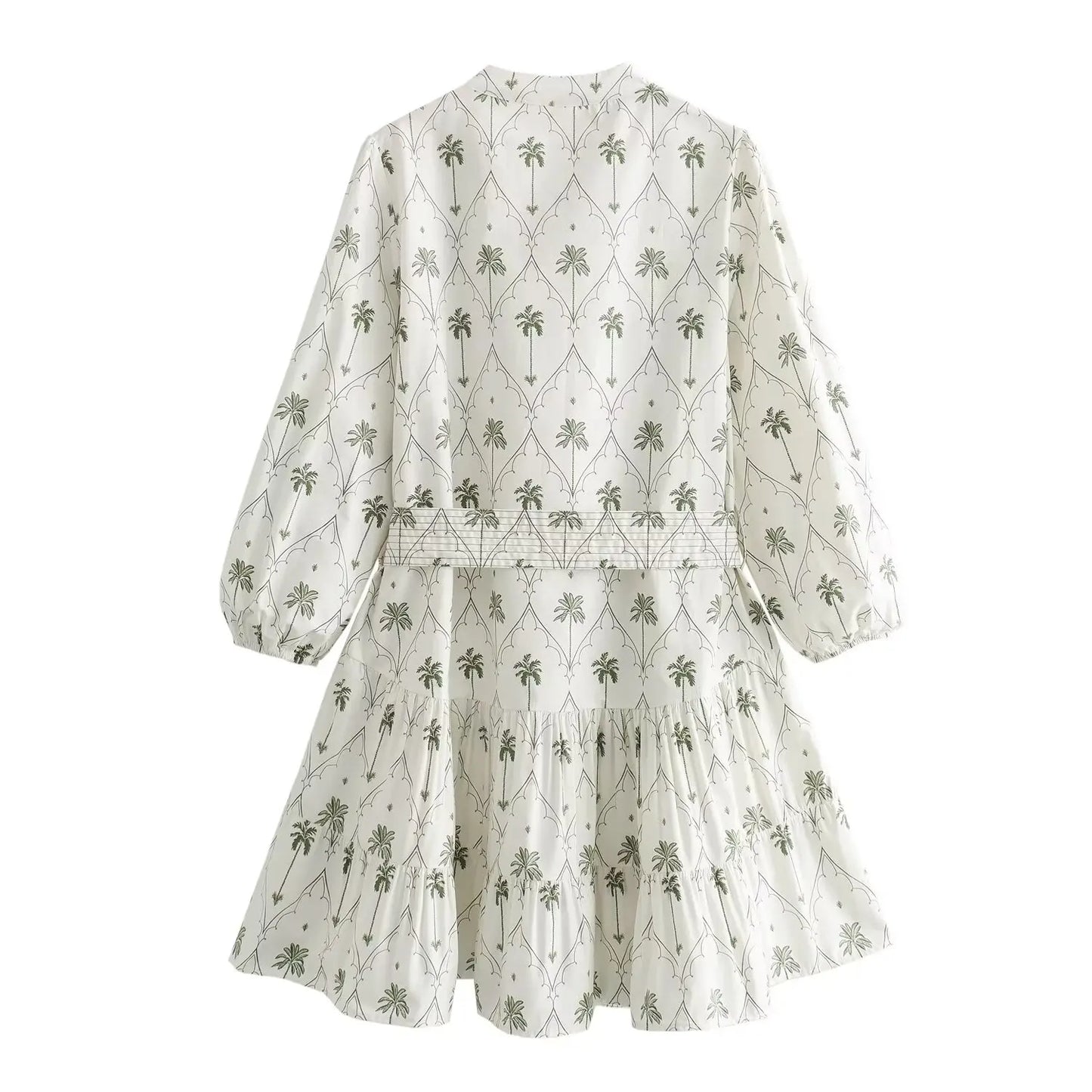 Cornelia Palm Tree Print Long Sleeve V-Neck Belt Dress
