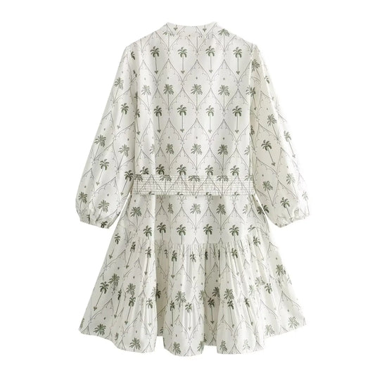 Cornelia Palm Tree Print Long Sleeve V-Neck Belt Dress