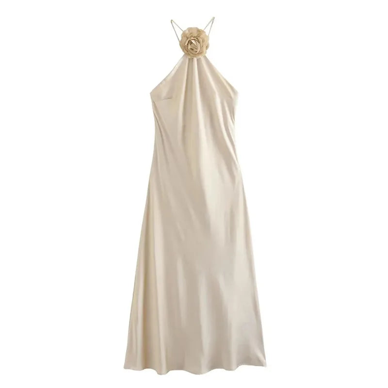 Mirabelle Flower Satin Champagne Maxi Dress