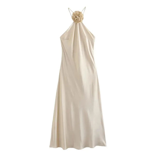 Mirabelle Flower Satin Champagne Maxi Dress