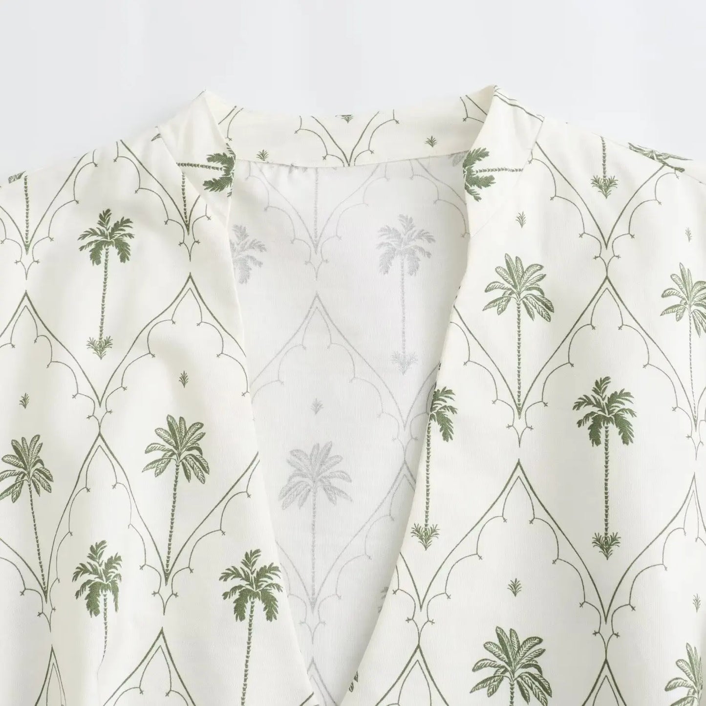 Cornelia Palm Tree Print Long Sleeve V-Neck Belt Dress