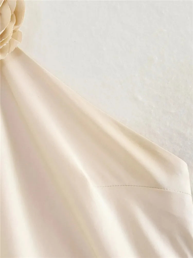Mirabelle Flower Satin Champagne Maxi Dress