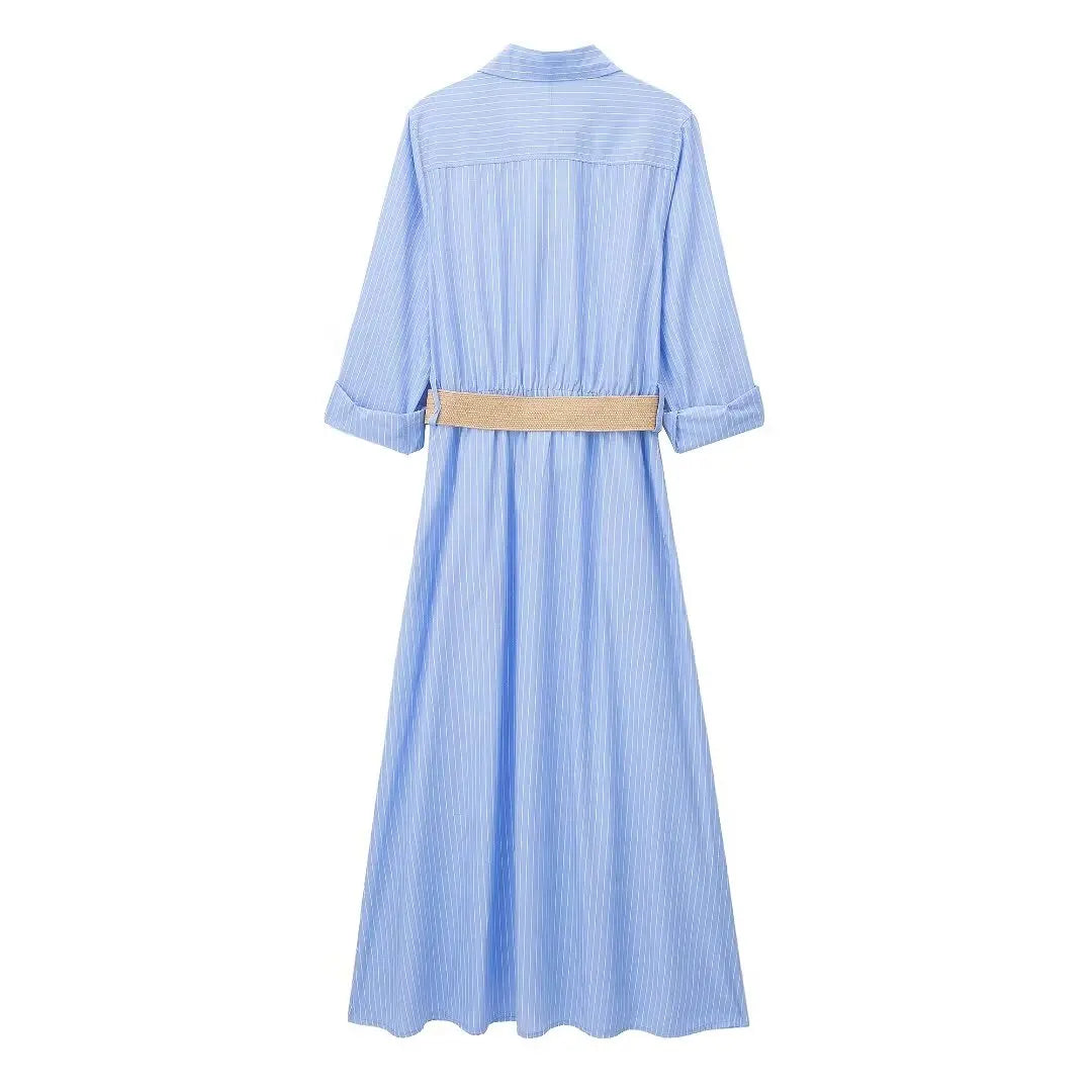 Celine Blue Striped Belted Shirt Dress