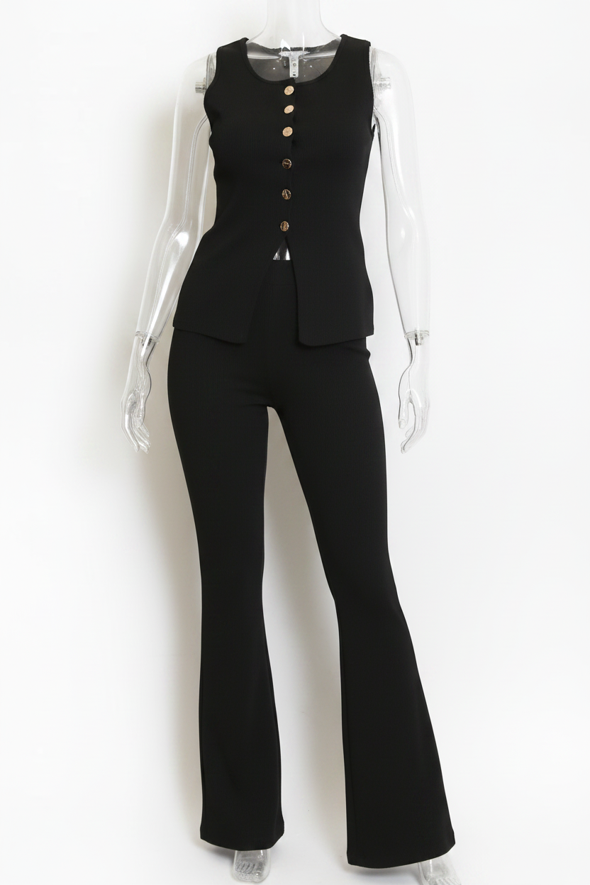 A model wearing a black sleeveless vest and matching black wide-leg trousers set, shown in a product listing screenshot on a dark webpage background.