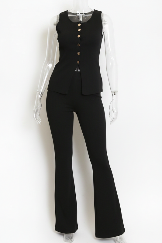 A model wearing a black sleeveless vest and matching black wide-leg trousers set, shown in a product listing screenshot on a dark webpage background.