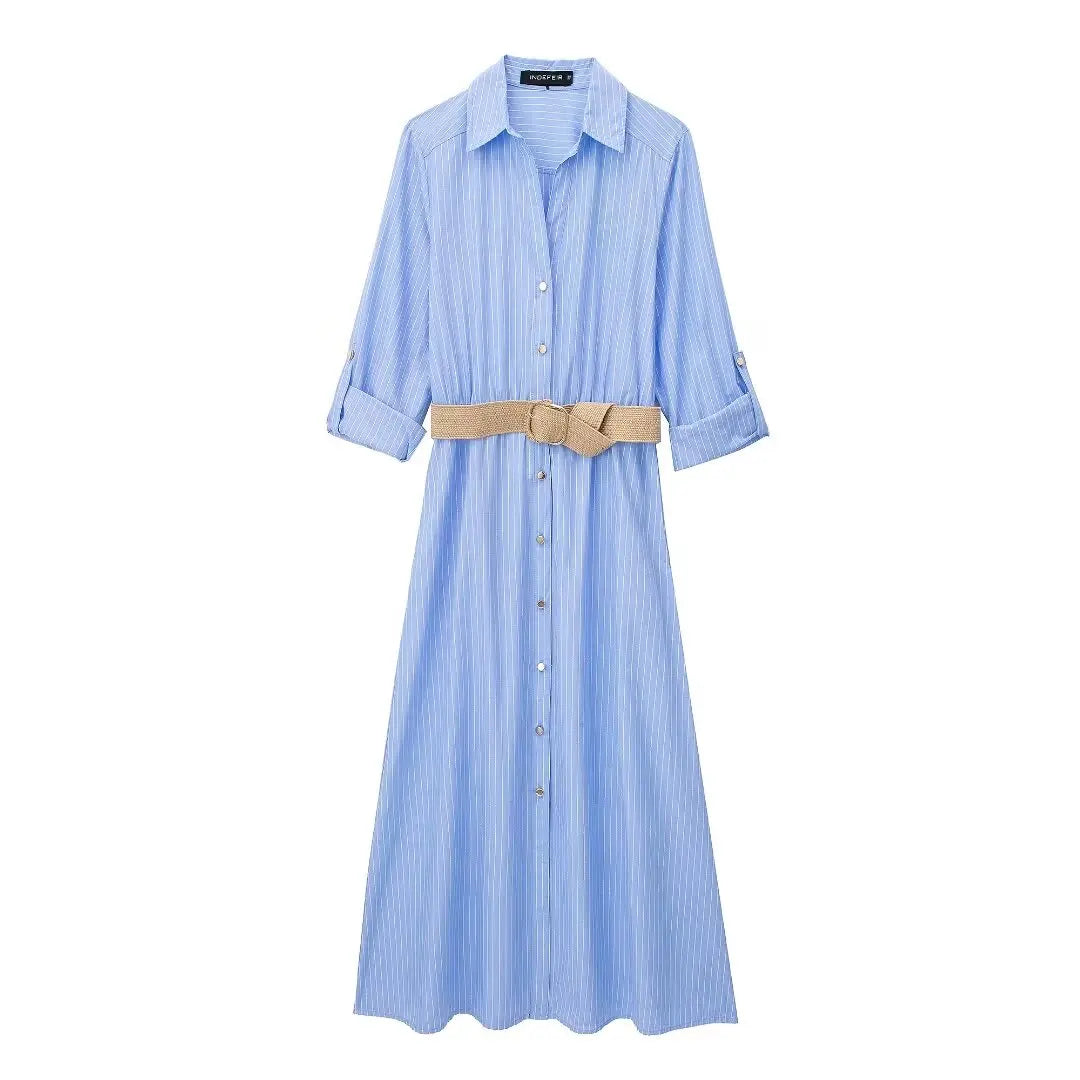 Celine Blue Striped Belted Shirt Dress