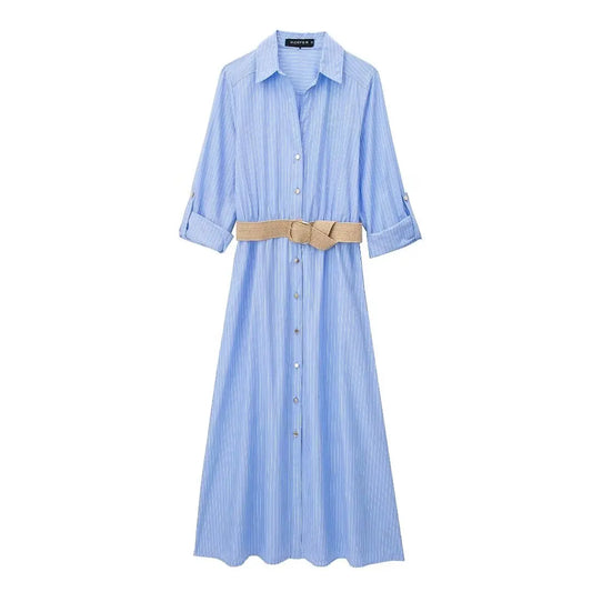 Celine Blue Striped Belted Shirt Dress