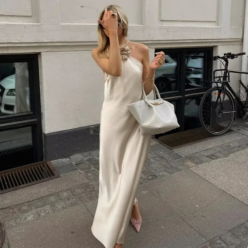 Mirabelle Flower Satin Champagne Maxi Dress