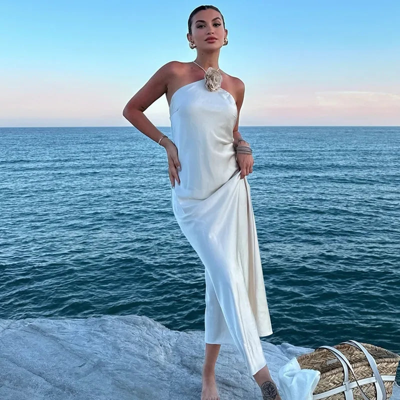 Mirabelle Flower Satin Champagne Maxi Dress