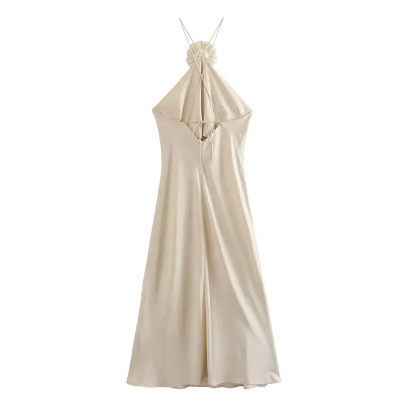 Mirabelle Flower Satin Champagne Maxi Dress