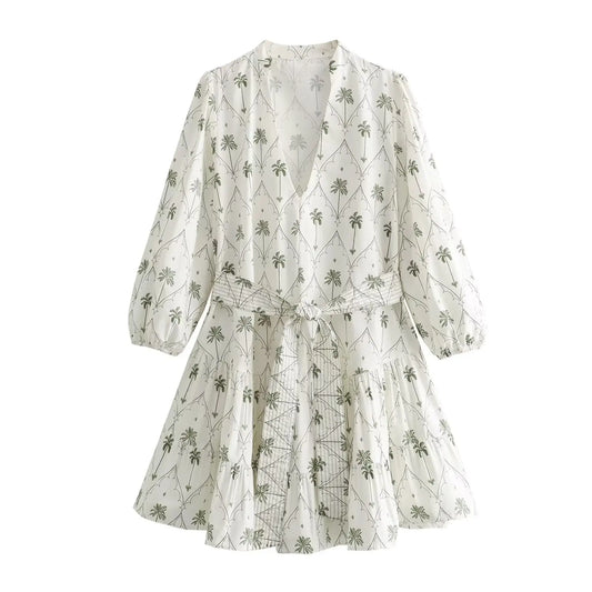 Cornelia Palm Tree Print Long Sleeve V-Neck Belt Dress