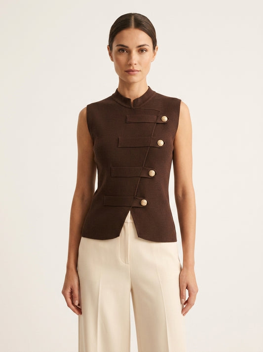Model wearing Elara Asymmetric Knit Vest Top in Chocolate Brown - Front View