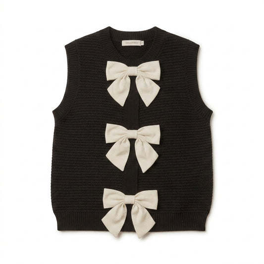 Lucy Contrast Bow Knit Top - Black front view