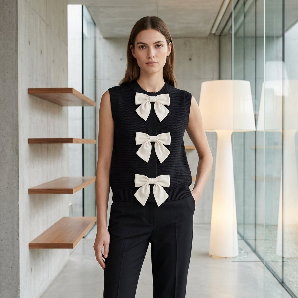 Lucy Contrast Bow Knit Top - Black worn on model