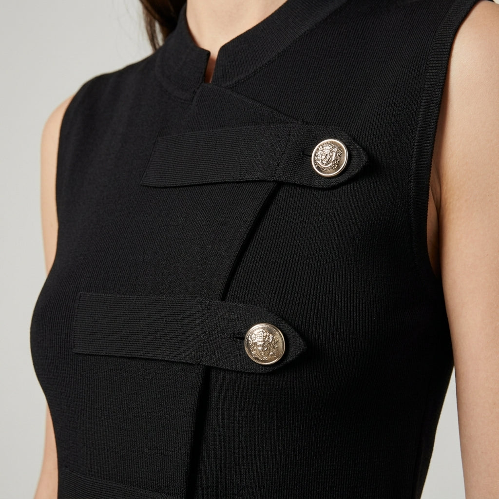 Elara Knit Top in Black - Texture & Button Detail