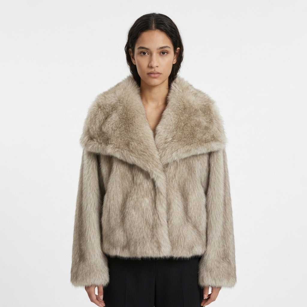 Bella Oversized Faux Fur Jacket in Taupe - Studio View