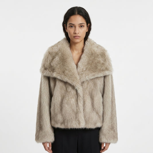 Bella Oversized Faux Fur Jacket in Taupe - Studio View
