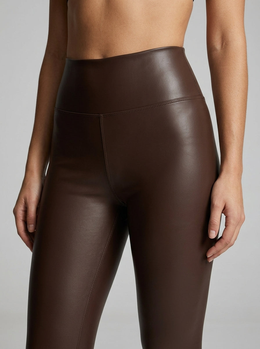 Sienna Luxe Faux Leather Leggings - Chocolate waist and fabric detail close-up