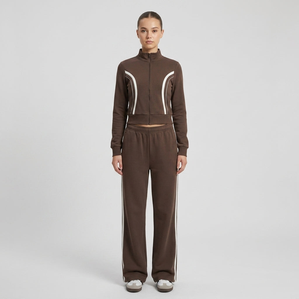 Arabella Side Contrast Loungewear Co-Ord - Brown studio front view