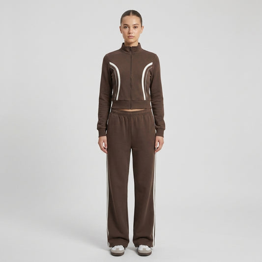 Arabella Side Contrast Loungewear Co-Ord - Brown studio front view