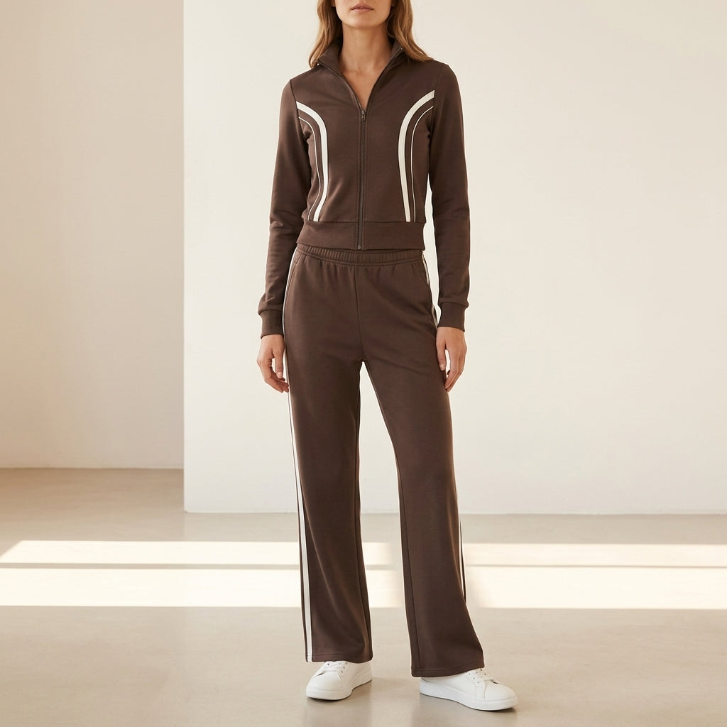 Arabella Side Contrast Loungewear Co-Ord - Brown model full-length shot