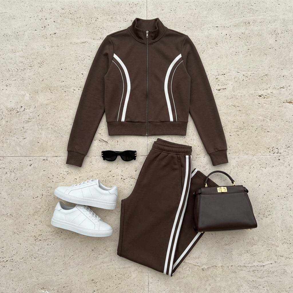Arabella Side Contrast Loungewear Co-Ord - Brown styled flat lay
