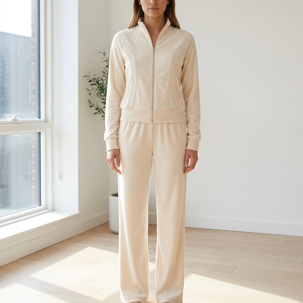 Arabella Side Contrast Loungewear Co-Ord - Beige lifestyle model view
