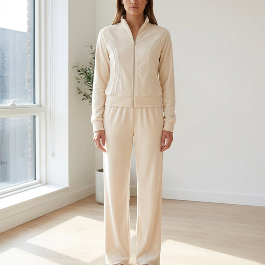 Arabella Side Contrast Loungewear Co-Ord - Beige lifestyle model view