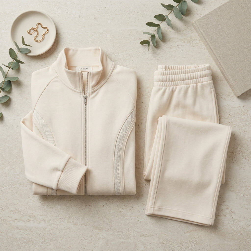Arabella Side Contrast Loungewear Co-Ord - Beige flat lay styled set
