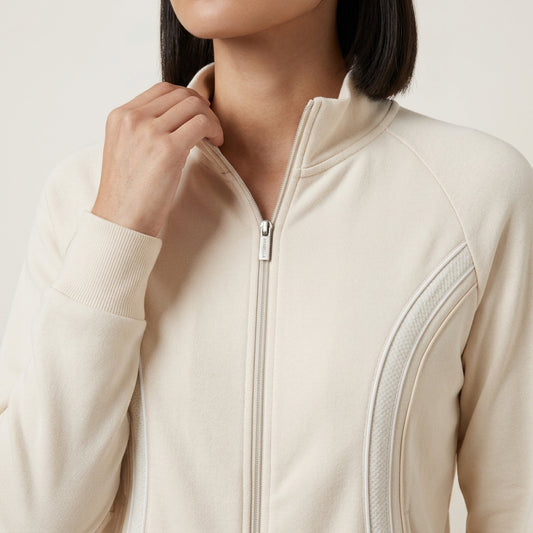 Arabella Side Contrast Loungewear Co-Ord - Beige jacket collar and zipper detail