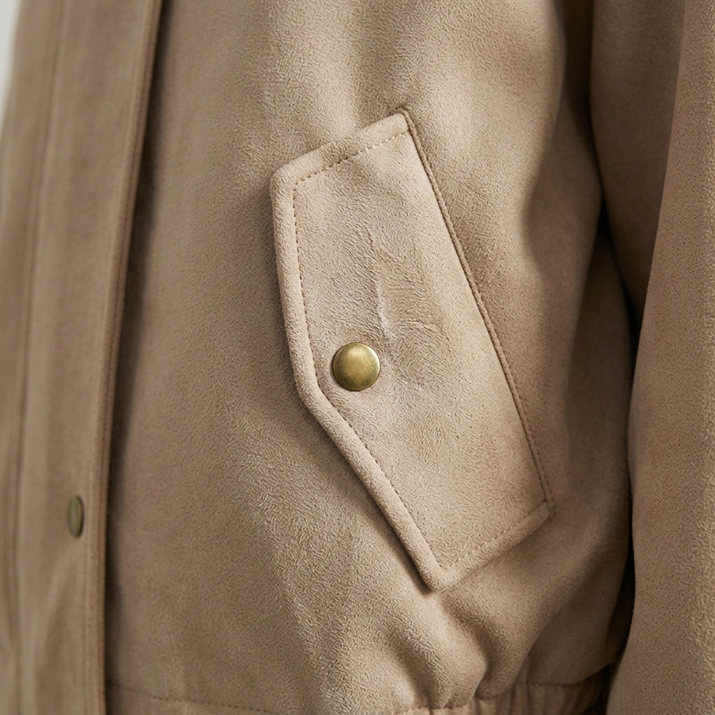 Maddison Faux Suede Bomber Jacket in Beige - Suede Fabric and Pocket Detail